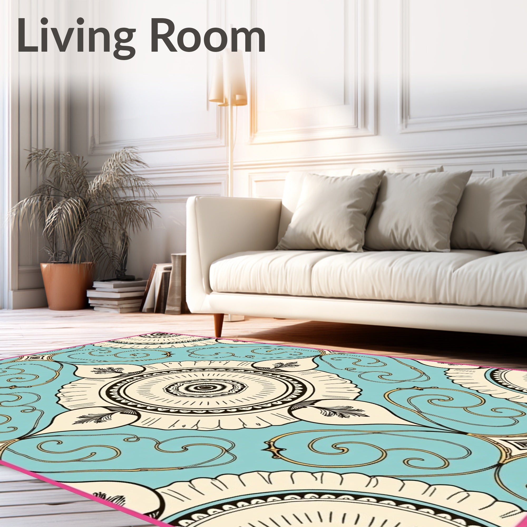 Aqua Cream Black Medallion Swirl Rug