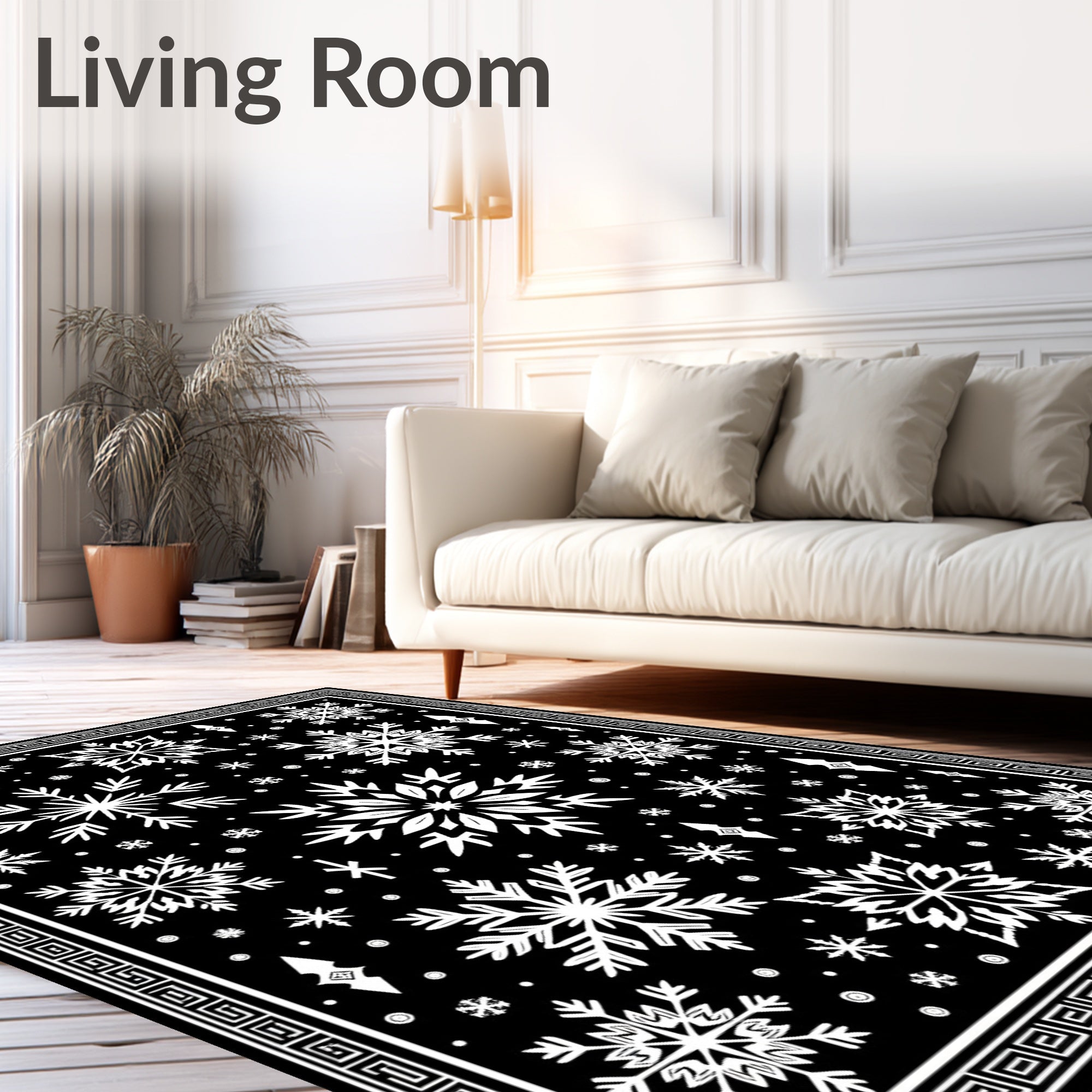 Snowflake Scatter Black White Rug