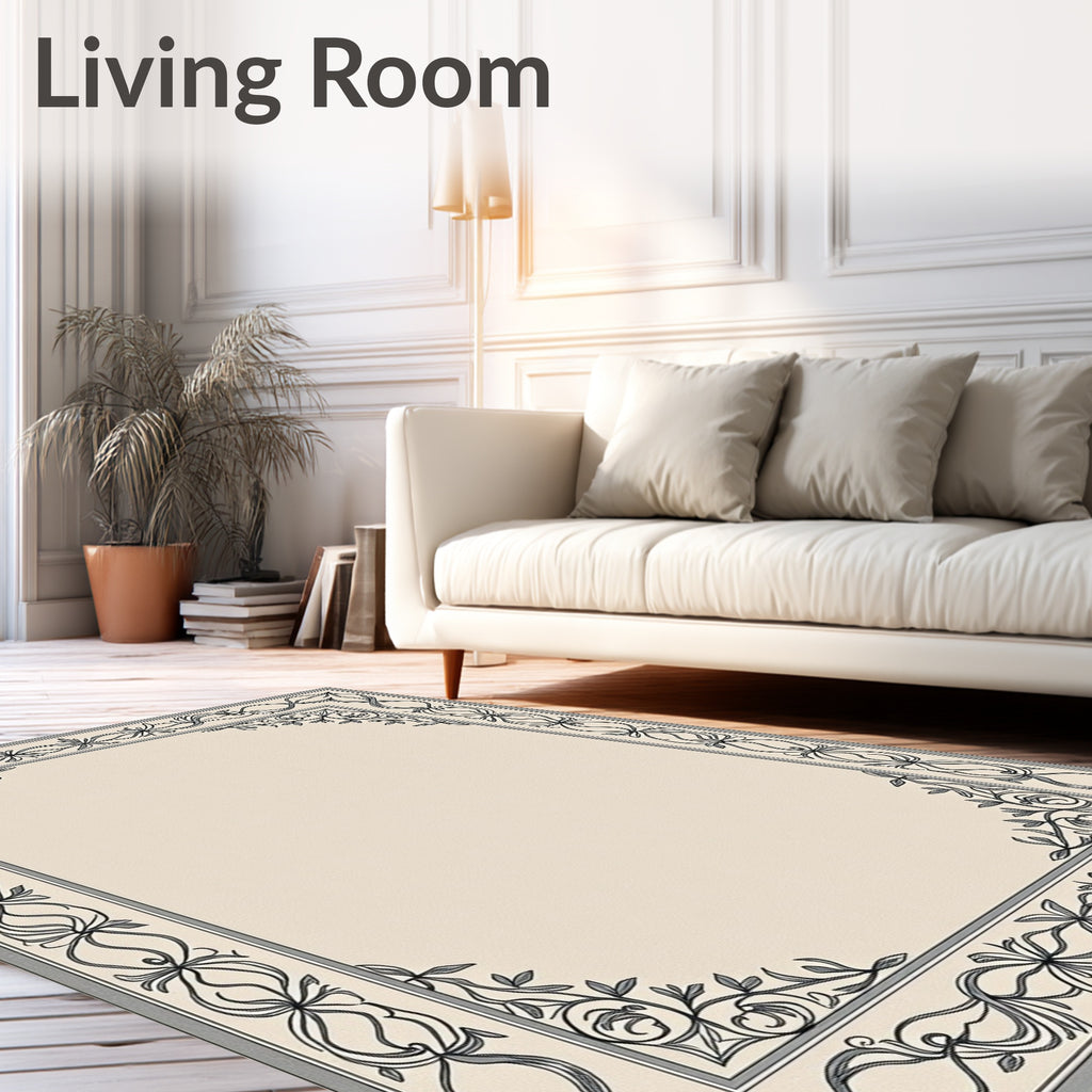 Elegant Monochrome Floral Scroll Border Rug