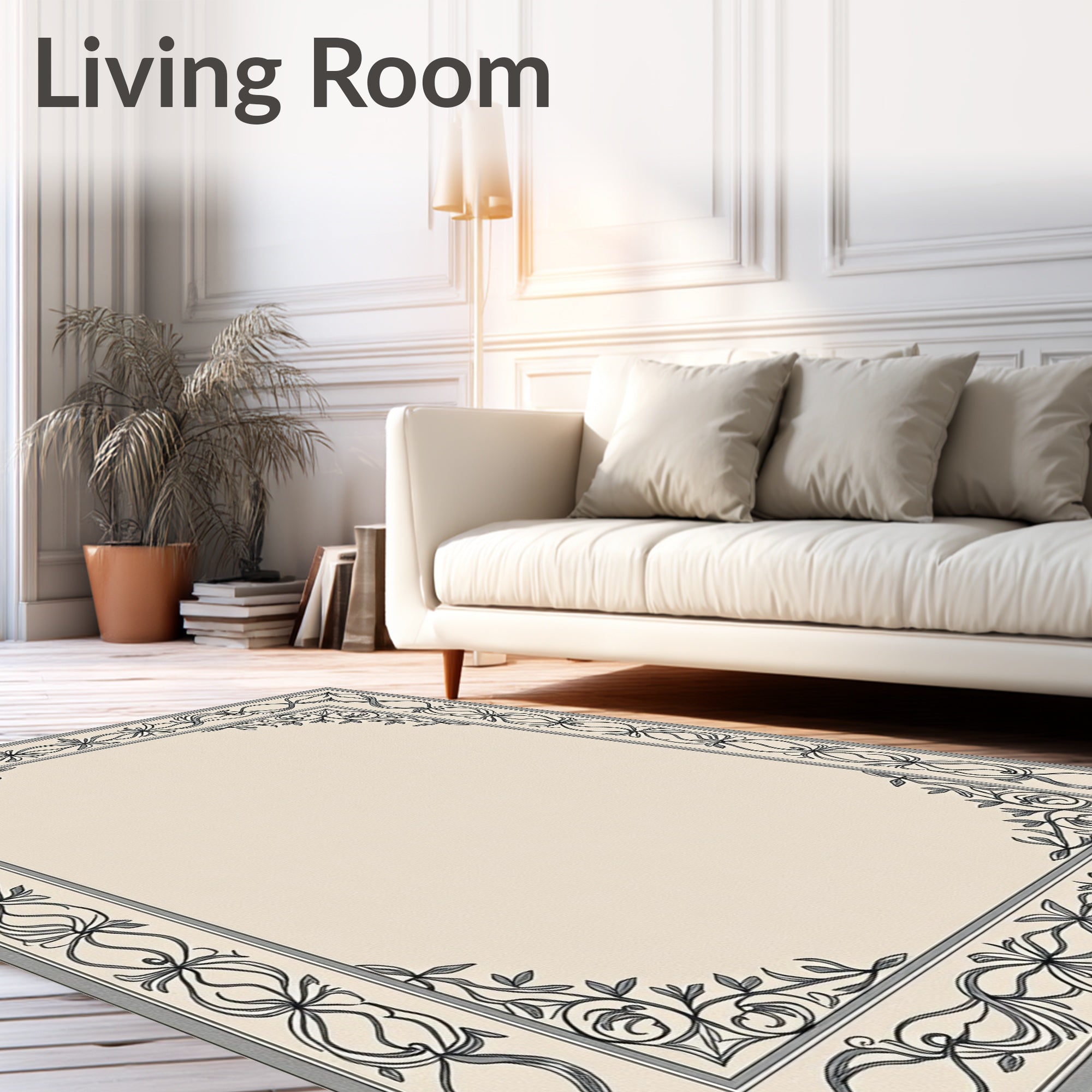 Elegant Monochrome Floral Scroll Border Rug
