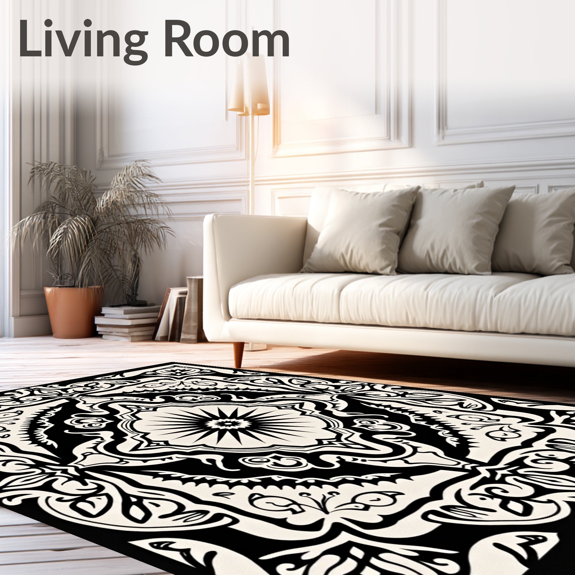 Black Cream Floral Medallion Emblem Rug