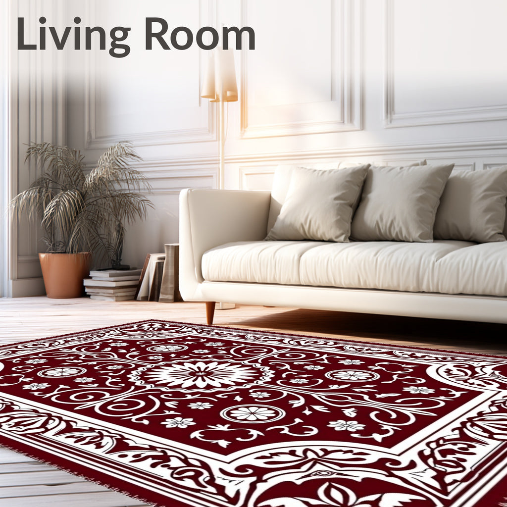 Deep Red Ornate Blossom Border Rug