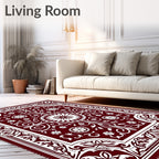 Deep Red Ornate Blossom Border Rug