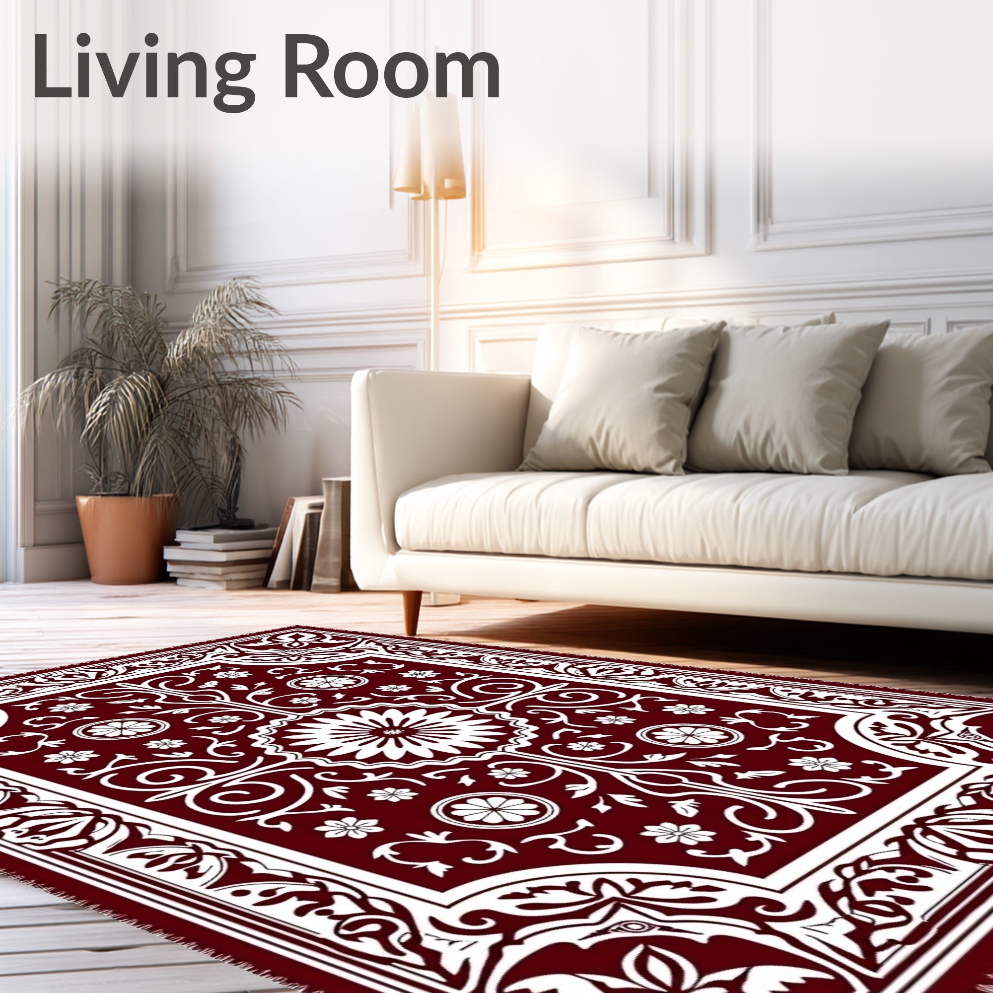 Deep Red Ornate Blossom Border Rug