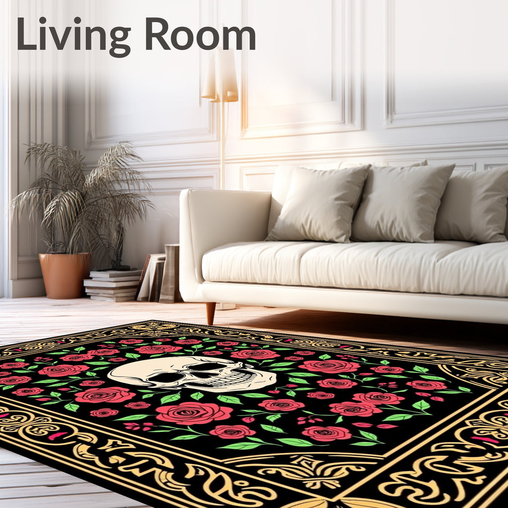 Gothic Skull Red Roses Black Frame Rug