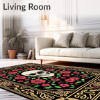 Gothic Skull Red Roses Black Frame Rug