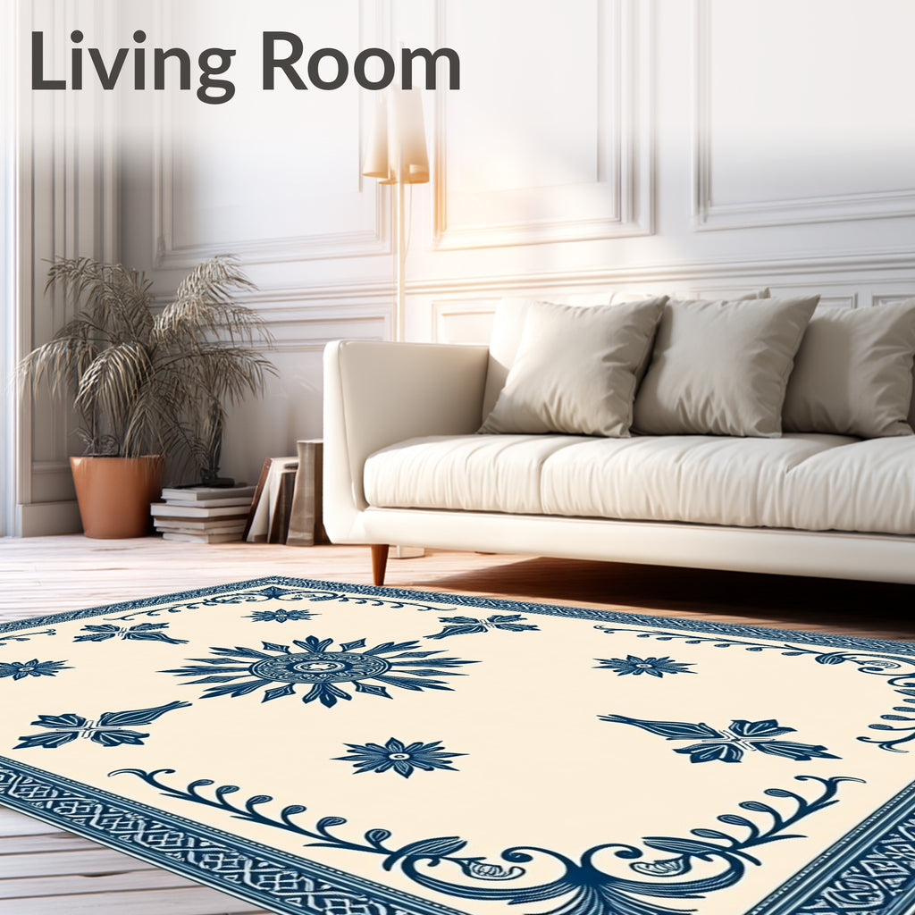Deep Blue Sun Medallion Floral Border Rug