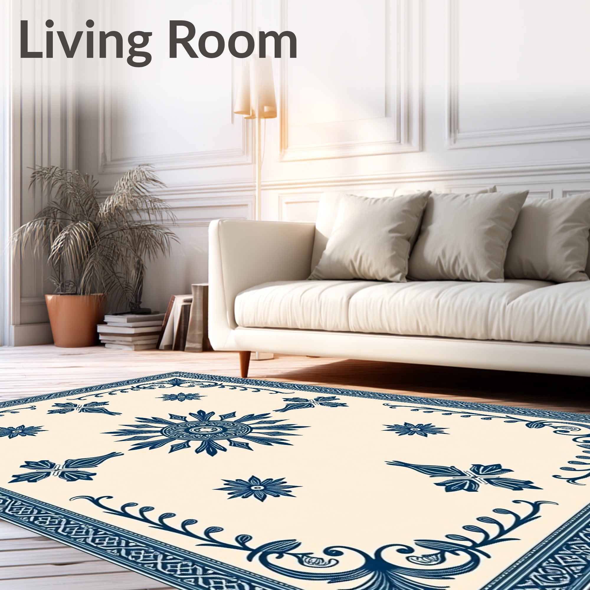 Deep Blue Sun Medallion Floral Border Rug
