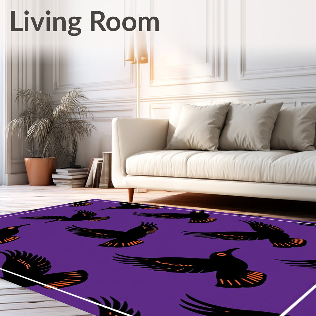 Purple Flying Black Birds Orange Eyes Rug