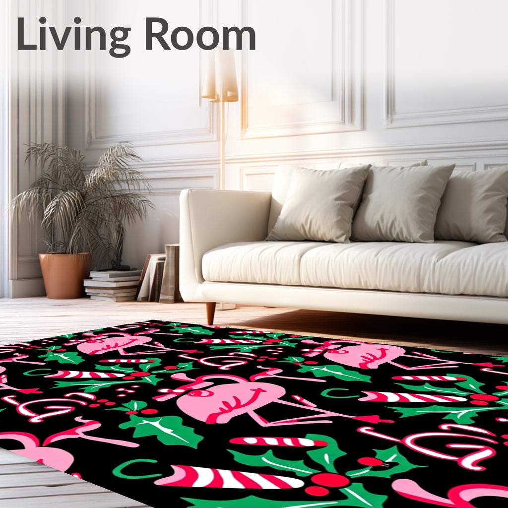 Pink Flamingo Christmas Holly Candy Cane Rug