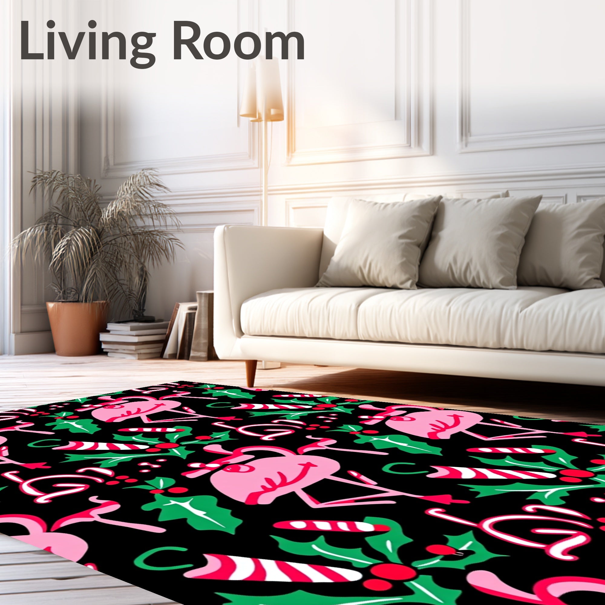 Pink Flamingo Christmas Holly Candy Cane Rug