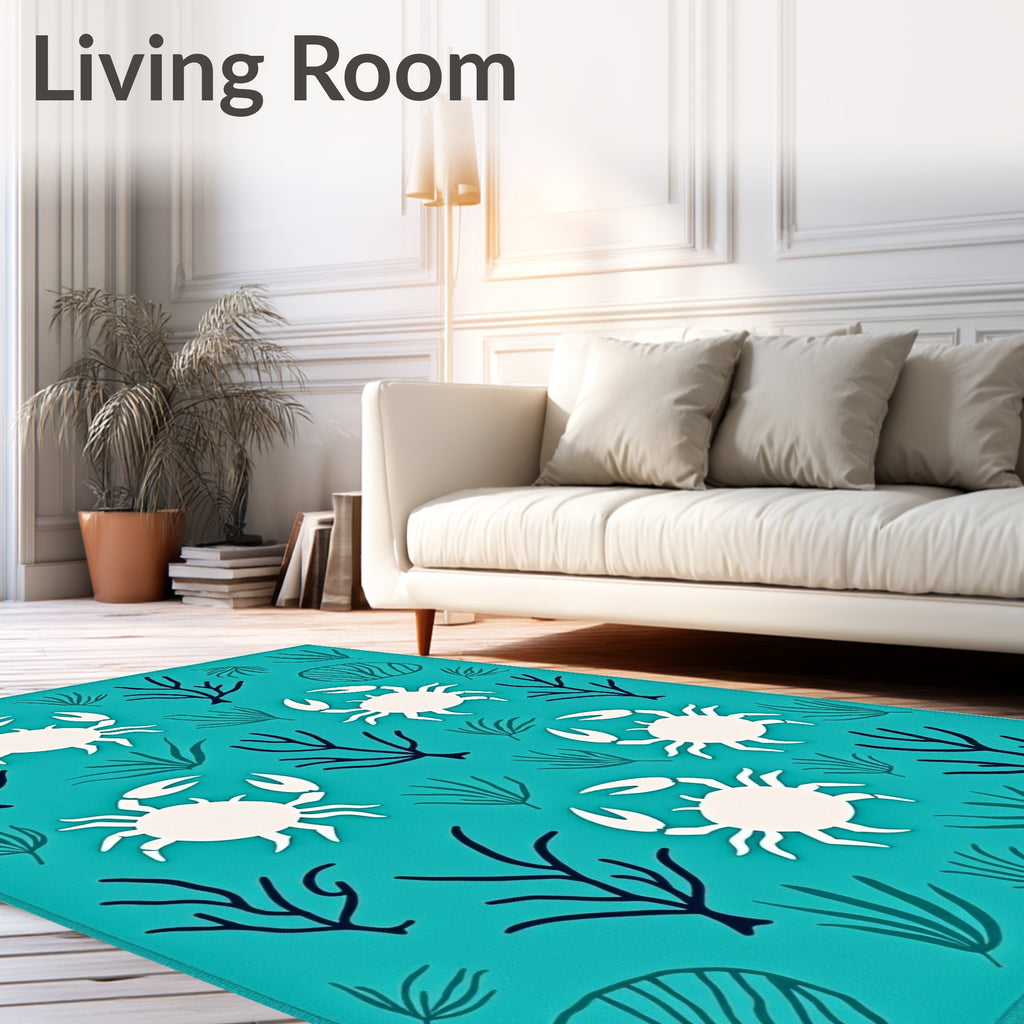 Coastal Blue White Crab Seaweed Ensemble Rug