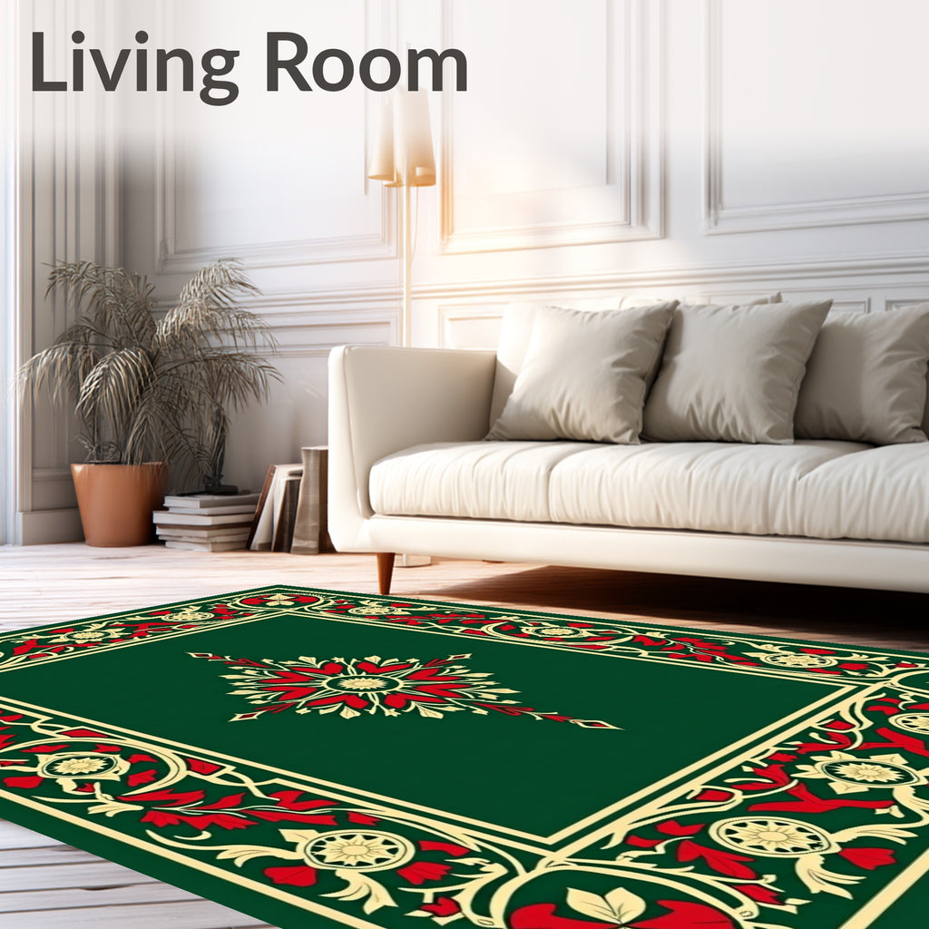 Emerald Red Floral Scroll Border Rug