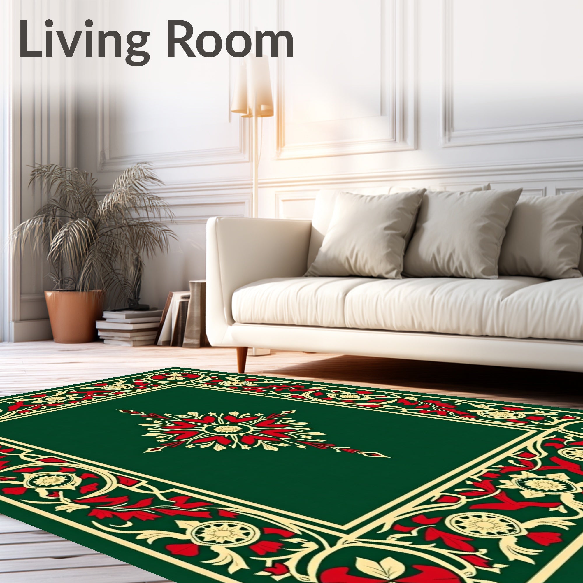 Emerald Red Floral Scroll Border Rug