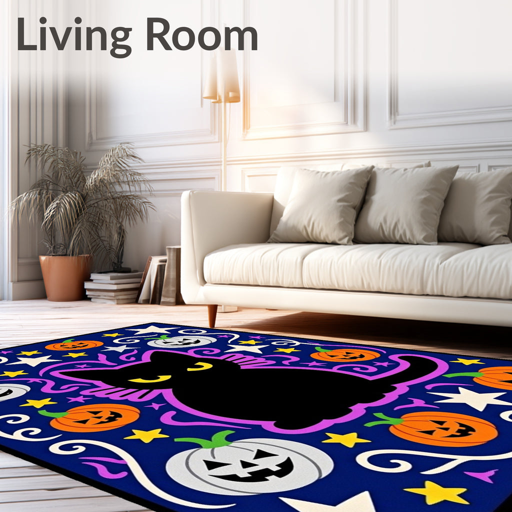 Black Cat Halloween Pumpkins Stars Rug
