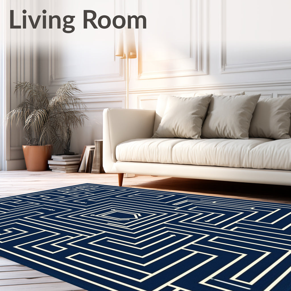 Navy Cream Geometric Maze Shield Rug