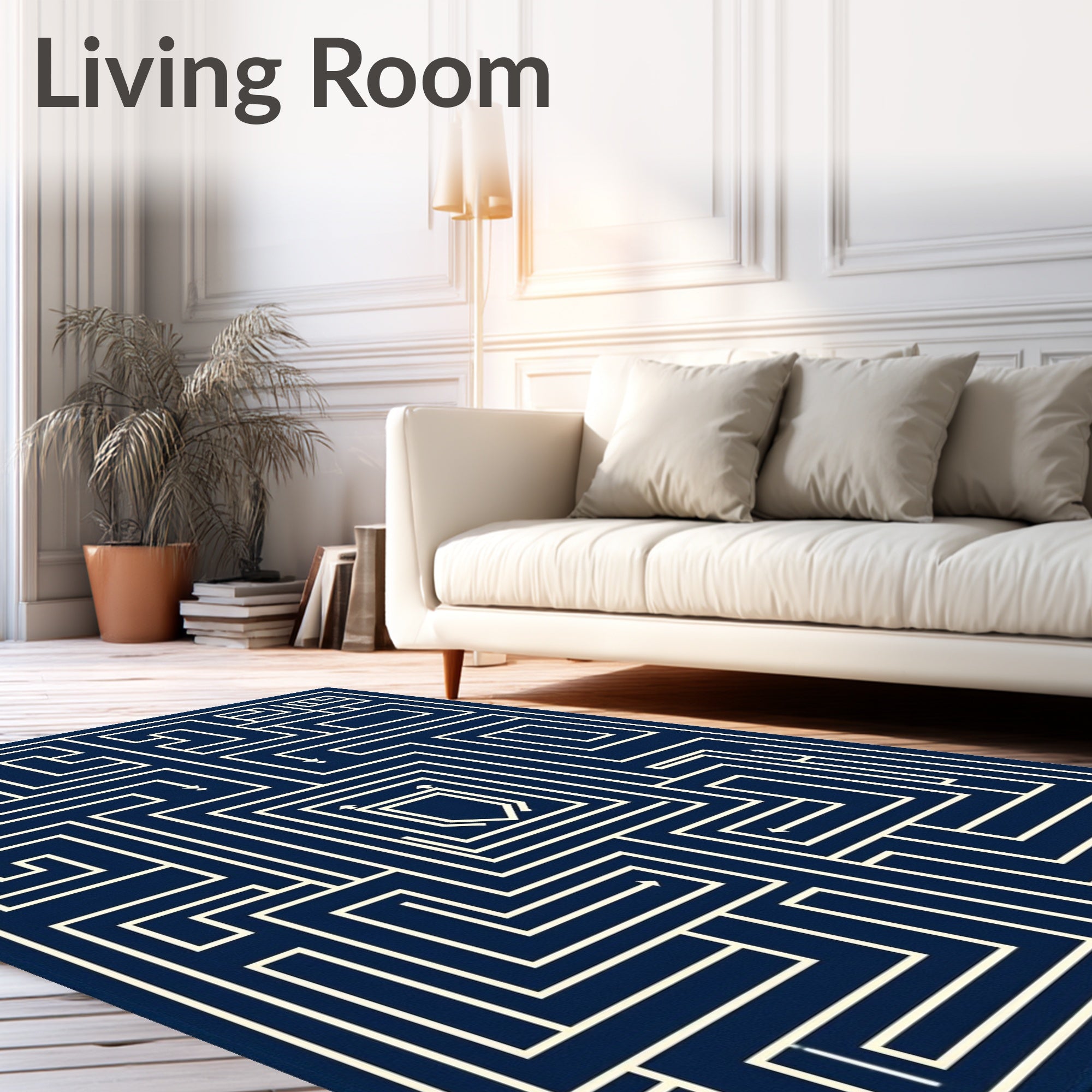 Navy Cream Geometric Maze Shield Rug