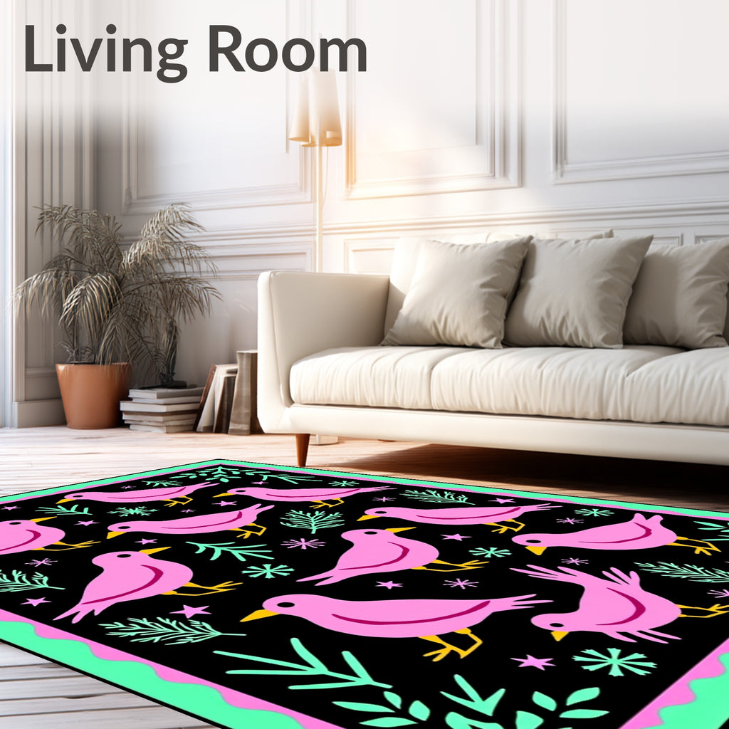 Pink Birds Aqua Foliage Black Background Rug