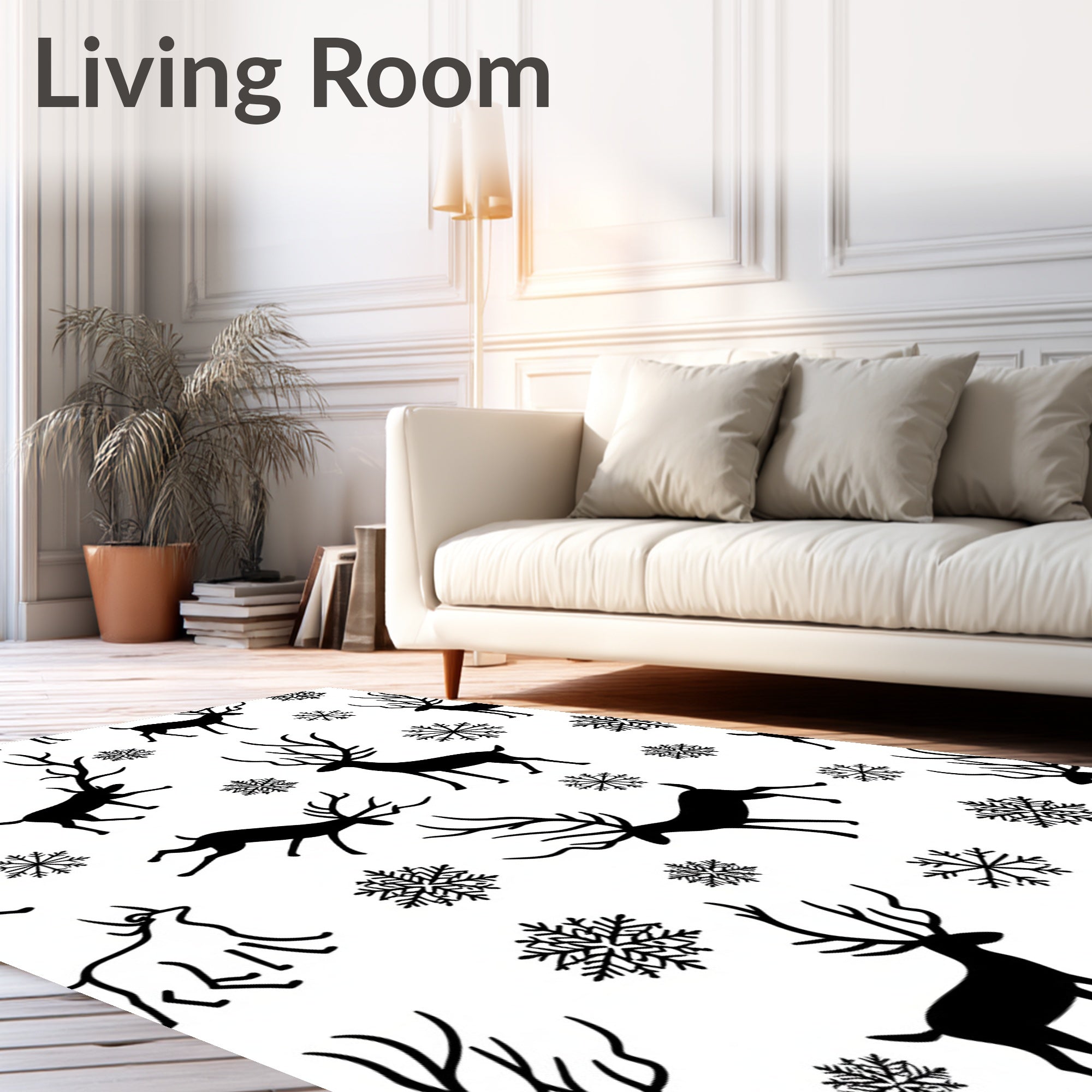 Black Reindeer Snowflakes Winter Art Rug