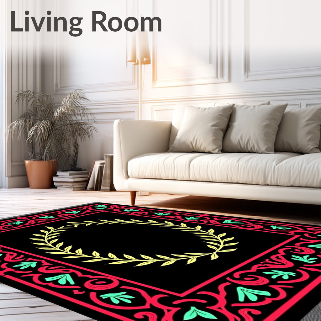 Black Red Yellow Floral Wreath Rug