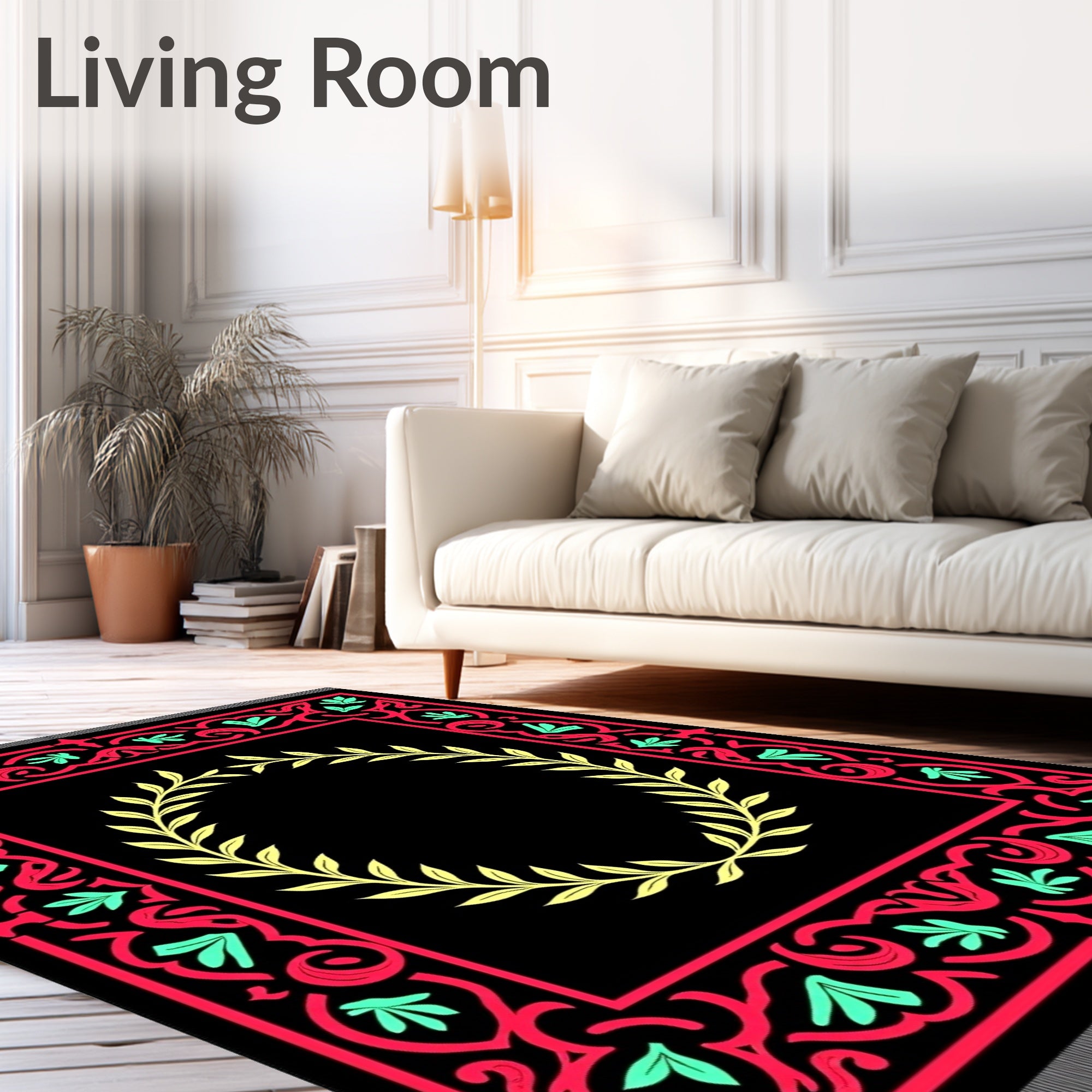Black Red Yellow Floral Wreath Rug