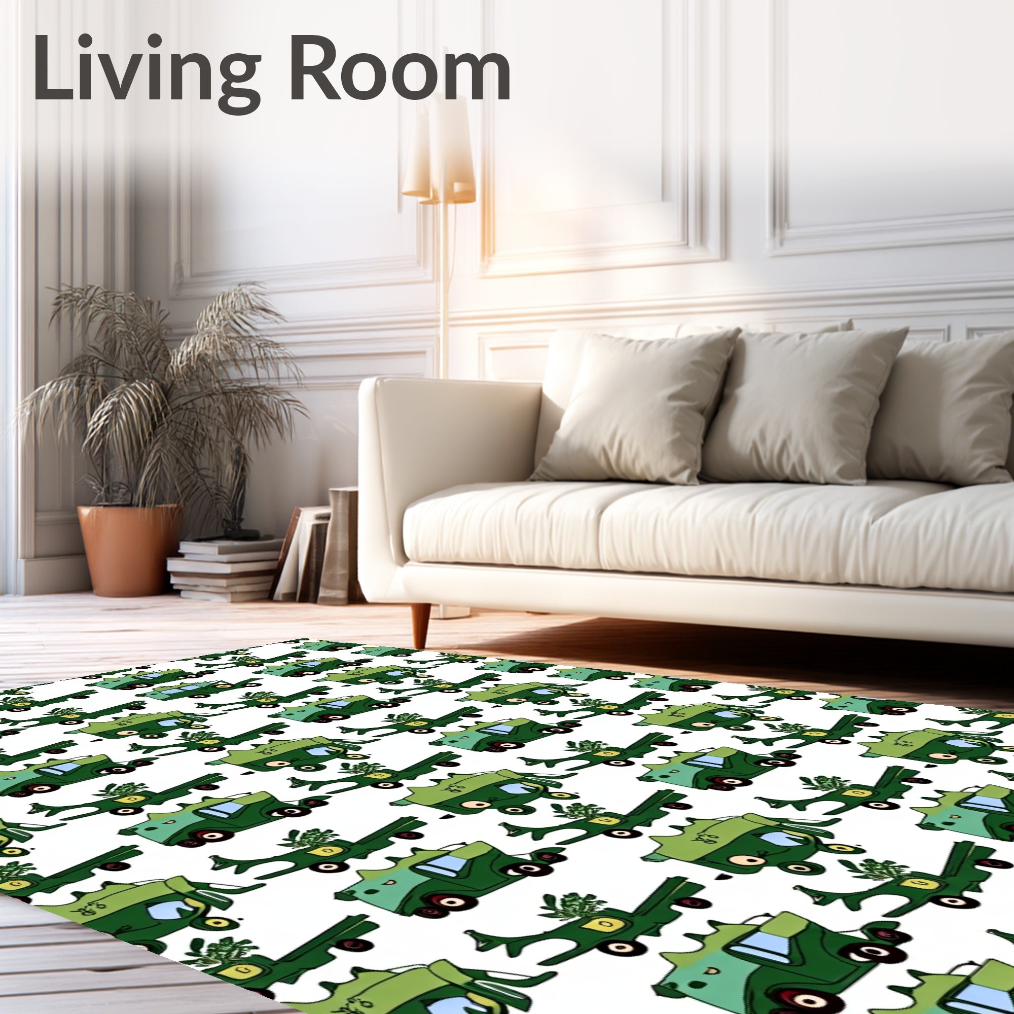 Green Toon Trucks With Plants Rug