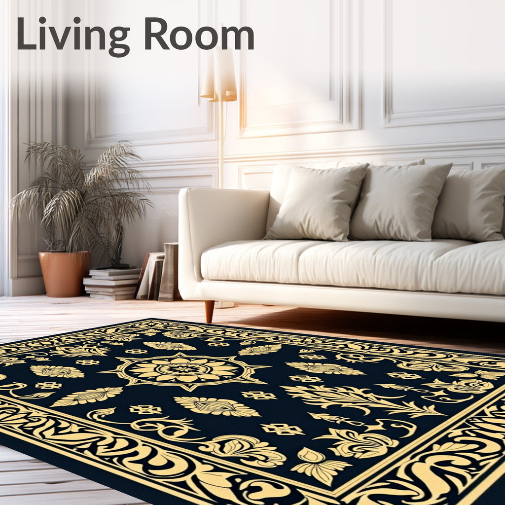 Golden Floral Medallion Navy Rug