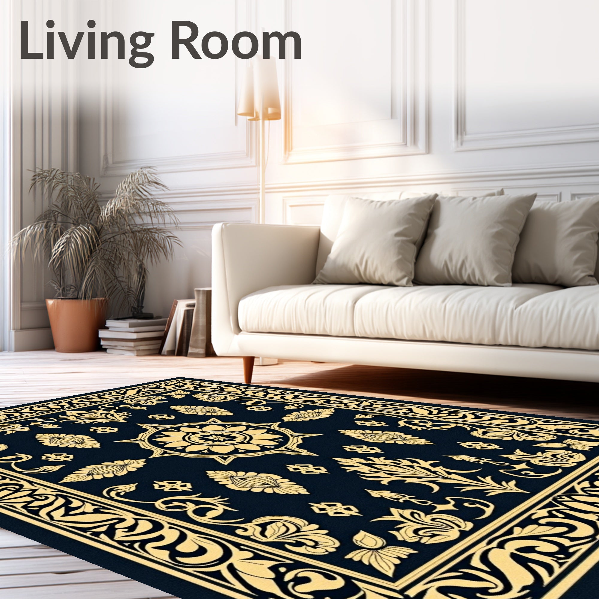 Golden Floral Medallion Navy Rug