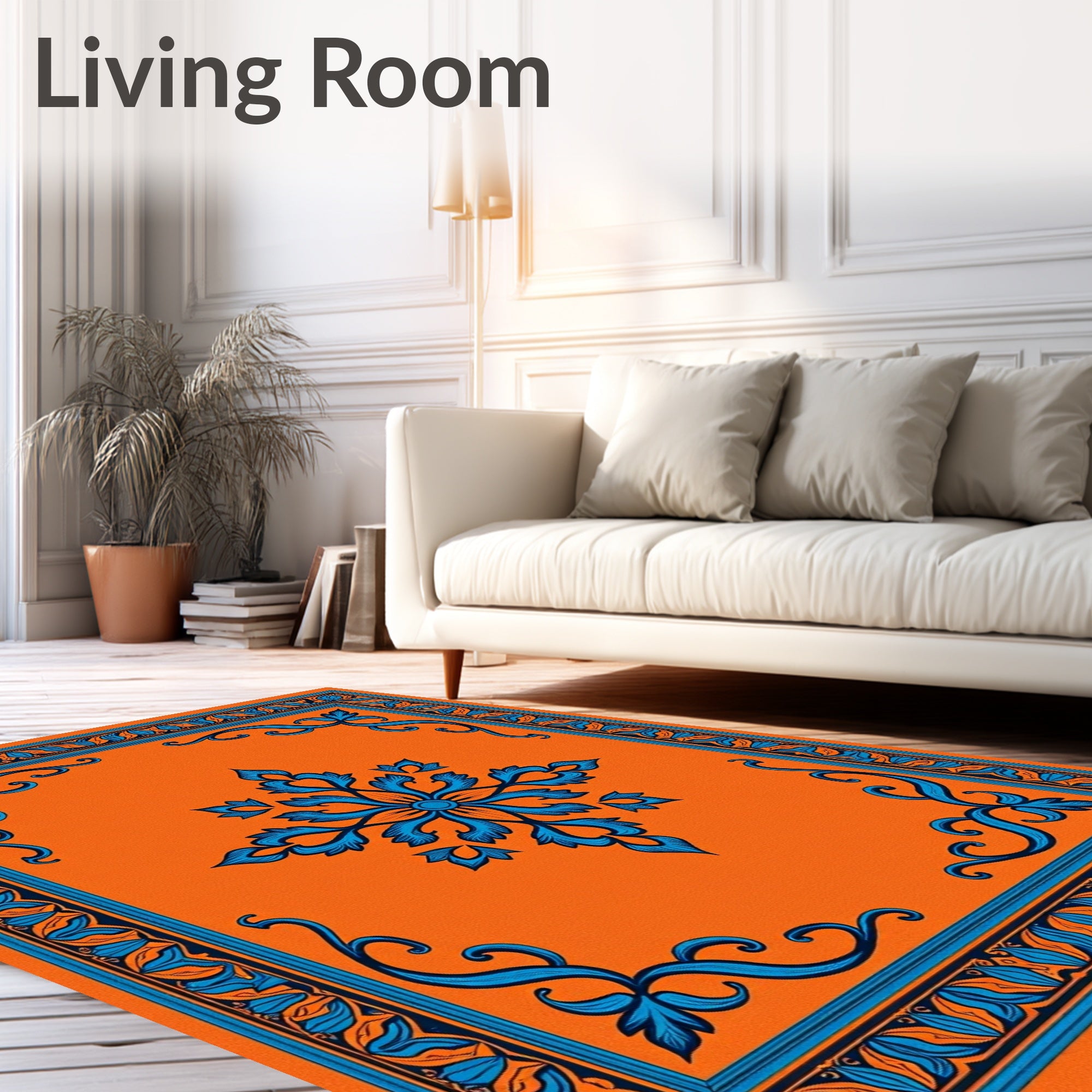 Bold Blue Orange Floral Frame Rug