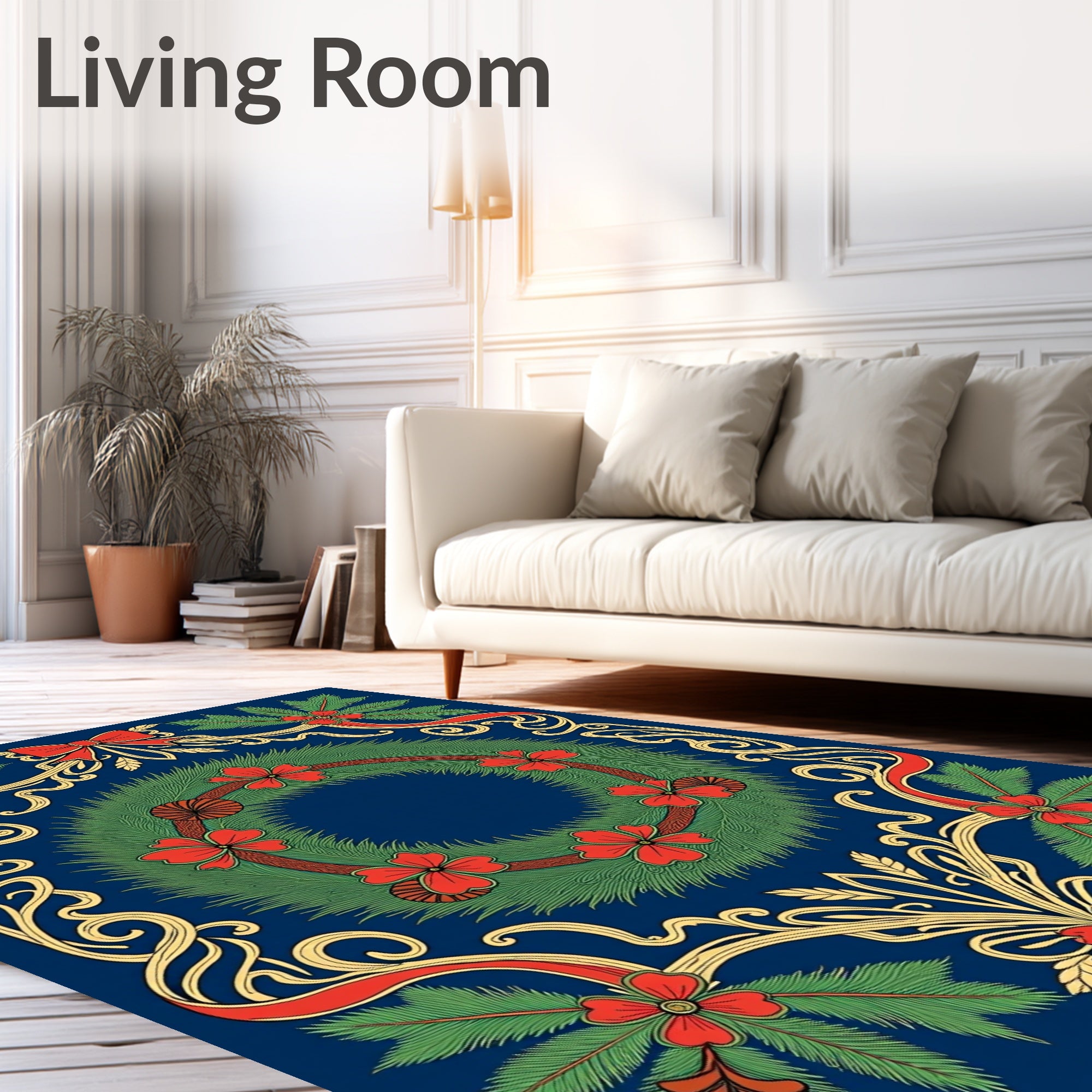 Festive Green Red Floral Wreath Border Rug