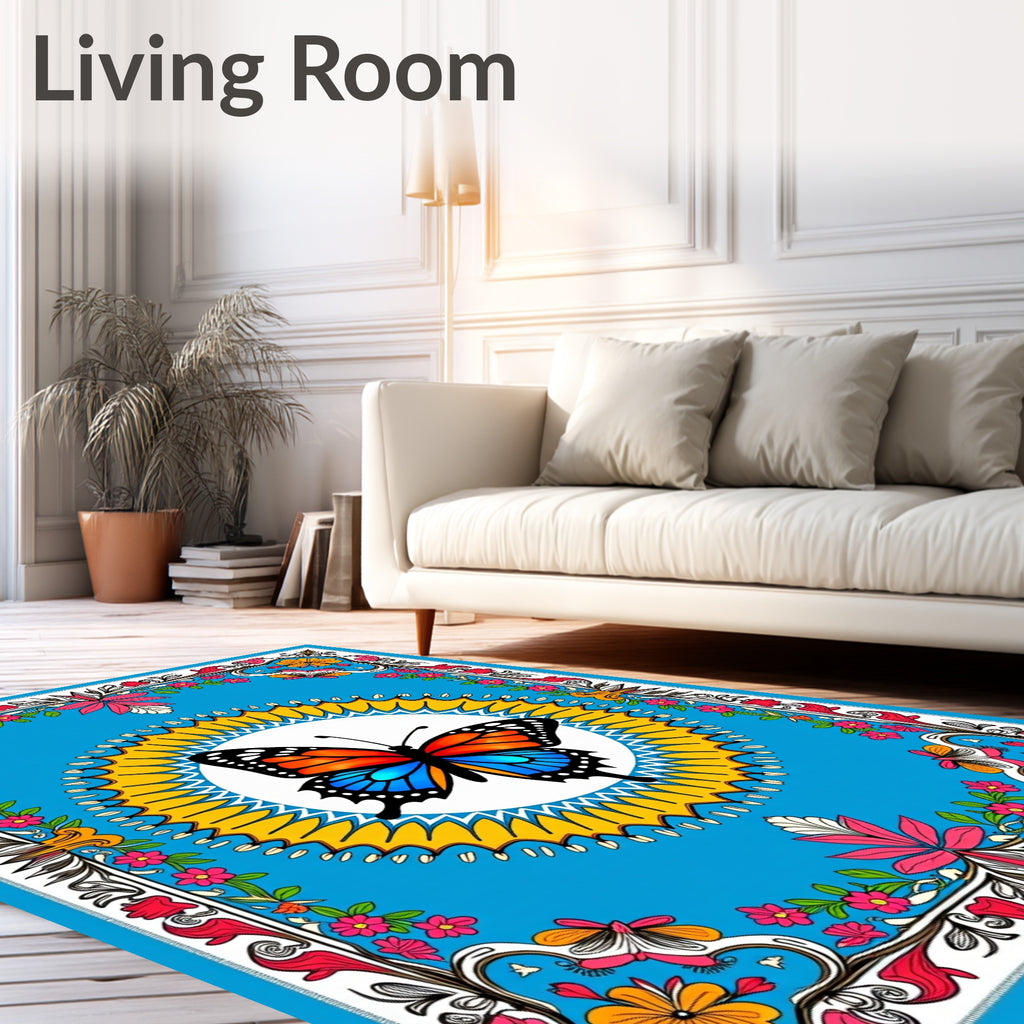 Vibrant Butterfly Floral Border Art Rug