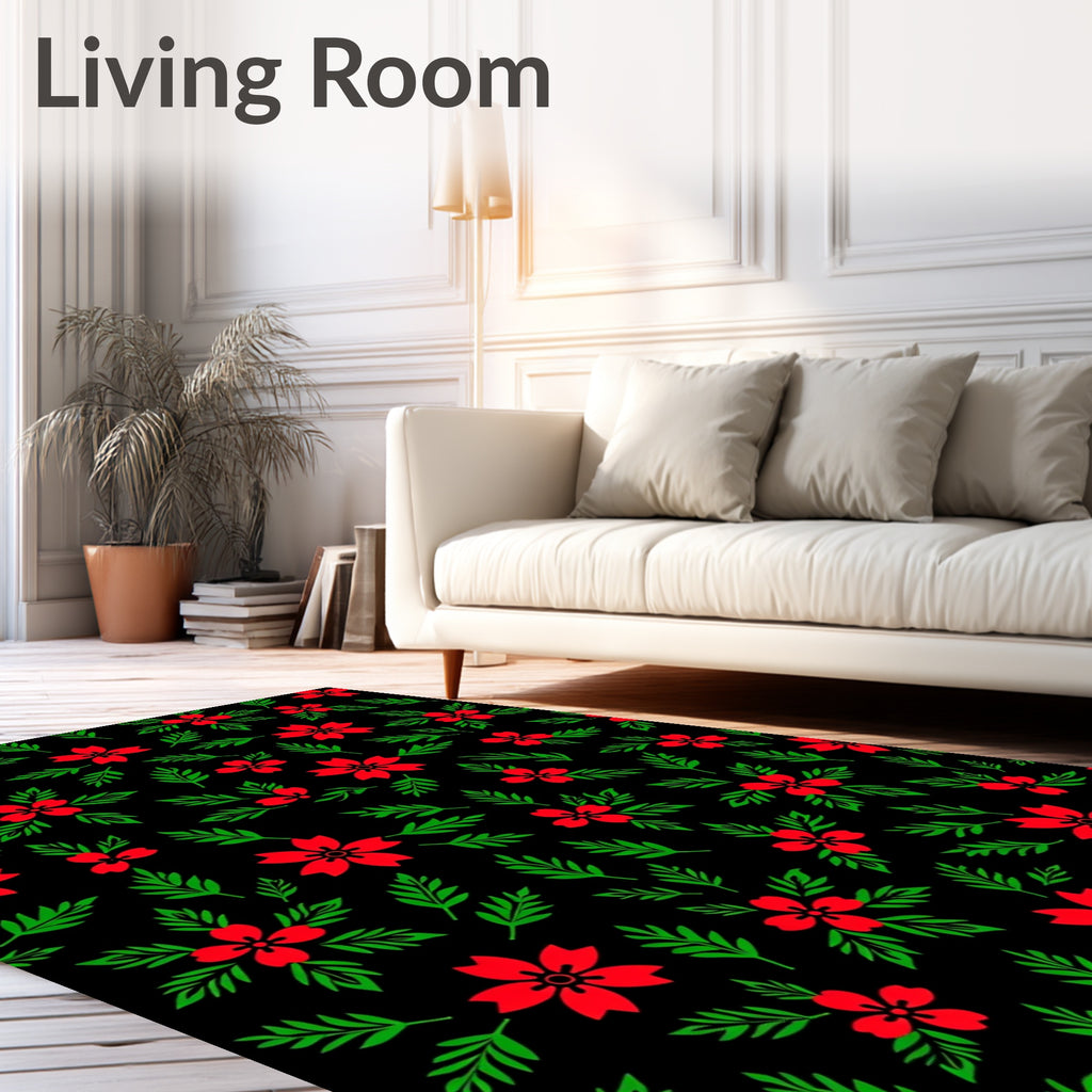 Red Blooming Flowers Green Leaves Rug