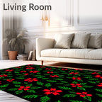 Red Blooming Flowers Green Leaves Rug
