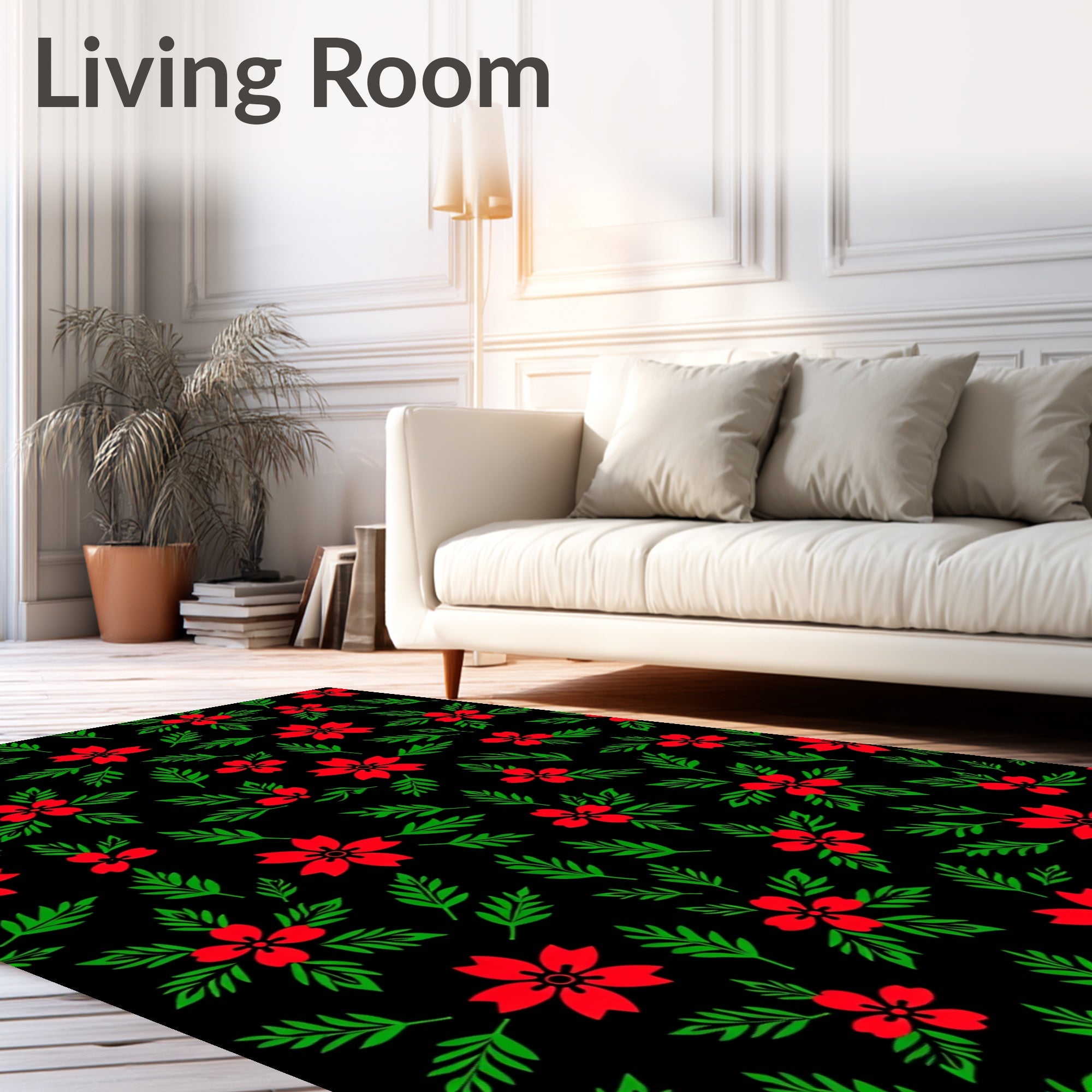 Red Blooming Flowers Green Leaves Rug