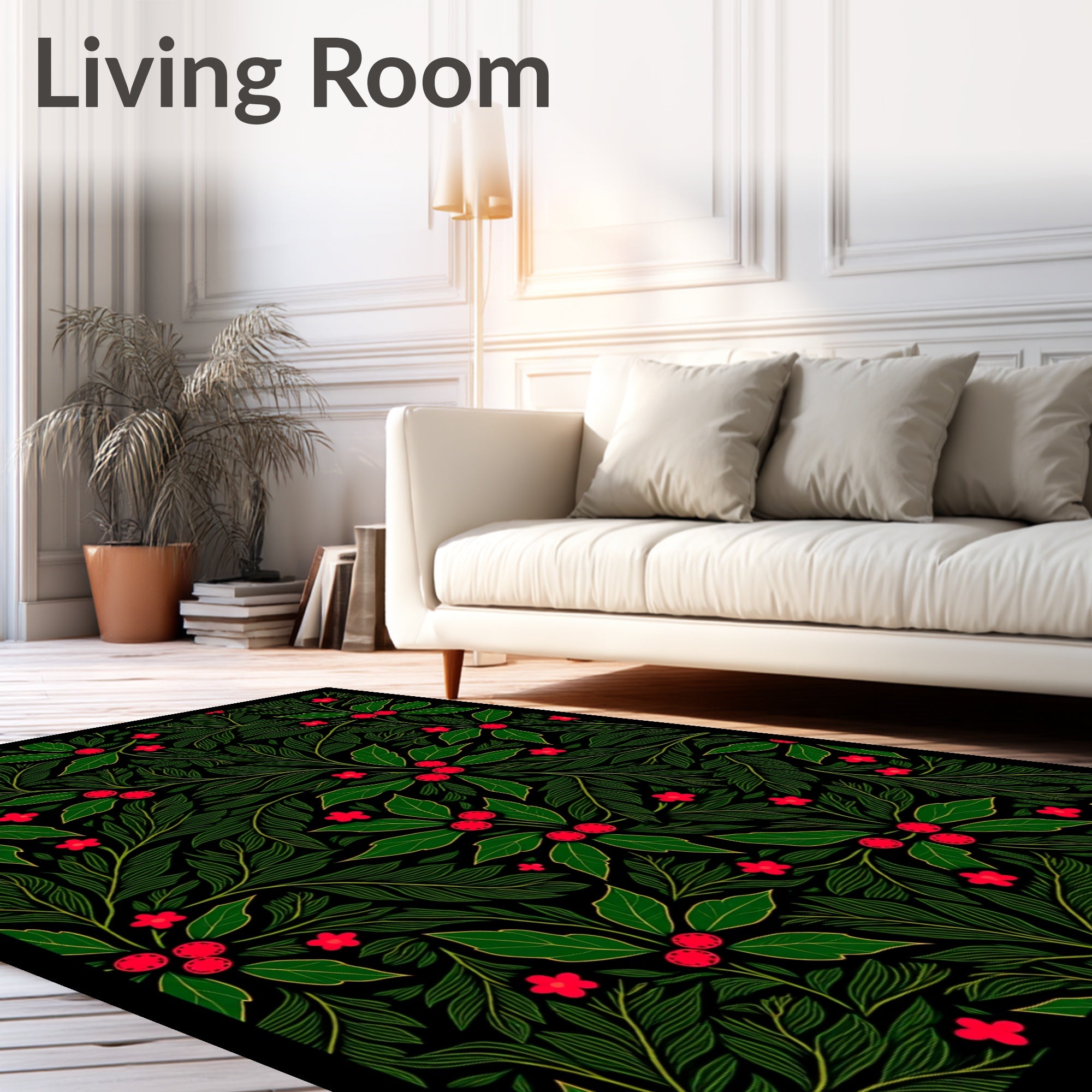 Dark Green Red Berry Holly Garland Rug