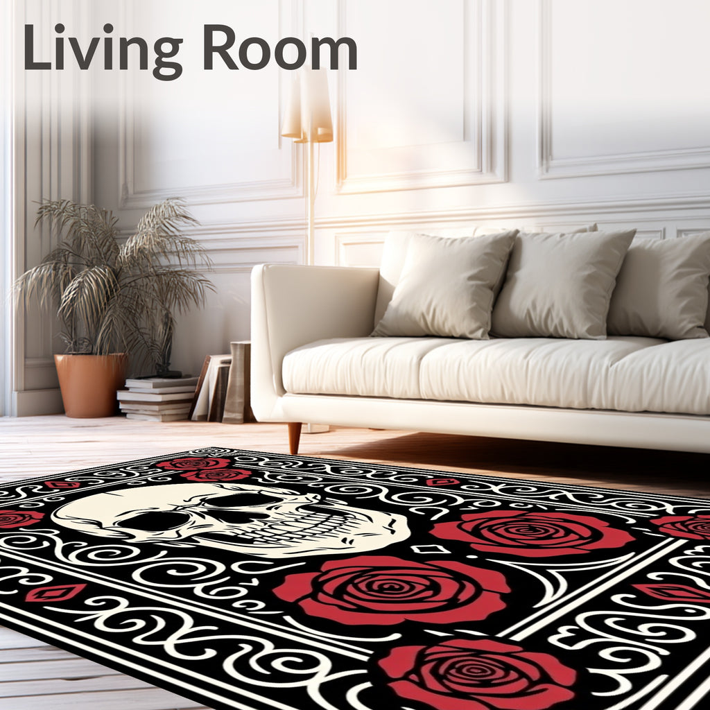 Crimson Roses Skull Gothic Swirls Rug