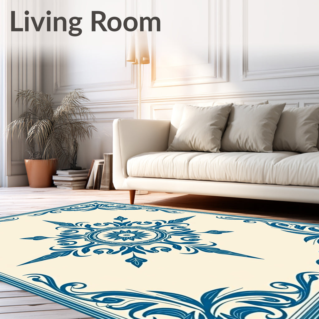 Deep Blue Floral Medallion Scroll Rug