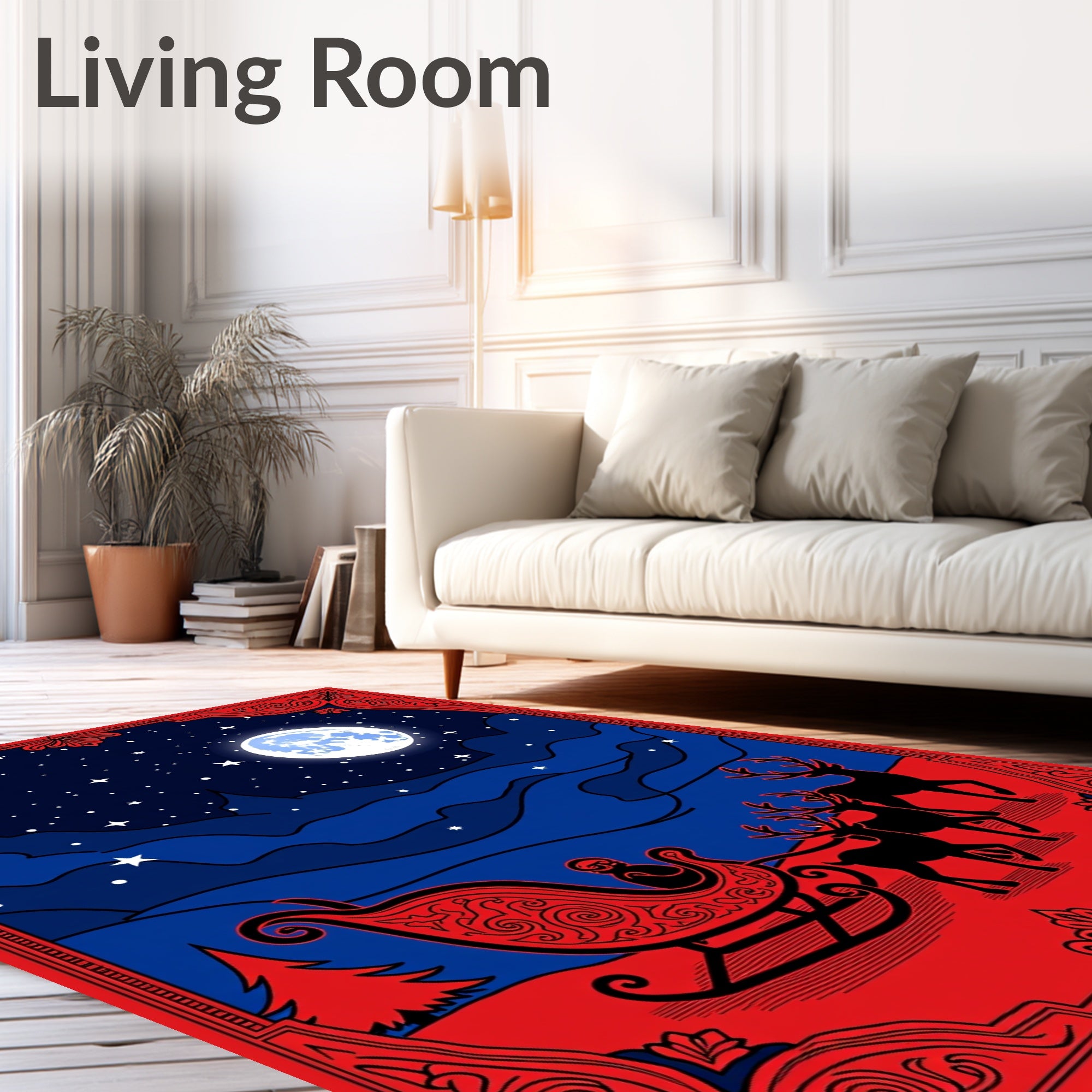 Red Blue Night Sleigh Midnight Scene Rug