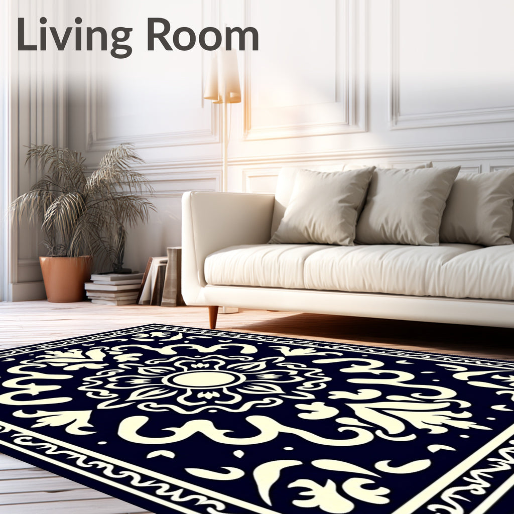 Dark Blue Cream Floral Medallion Border Rug