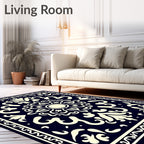 Dark Blue Cream Floral Medallion Border Rug