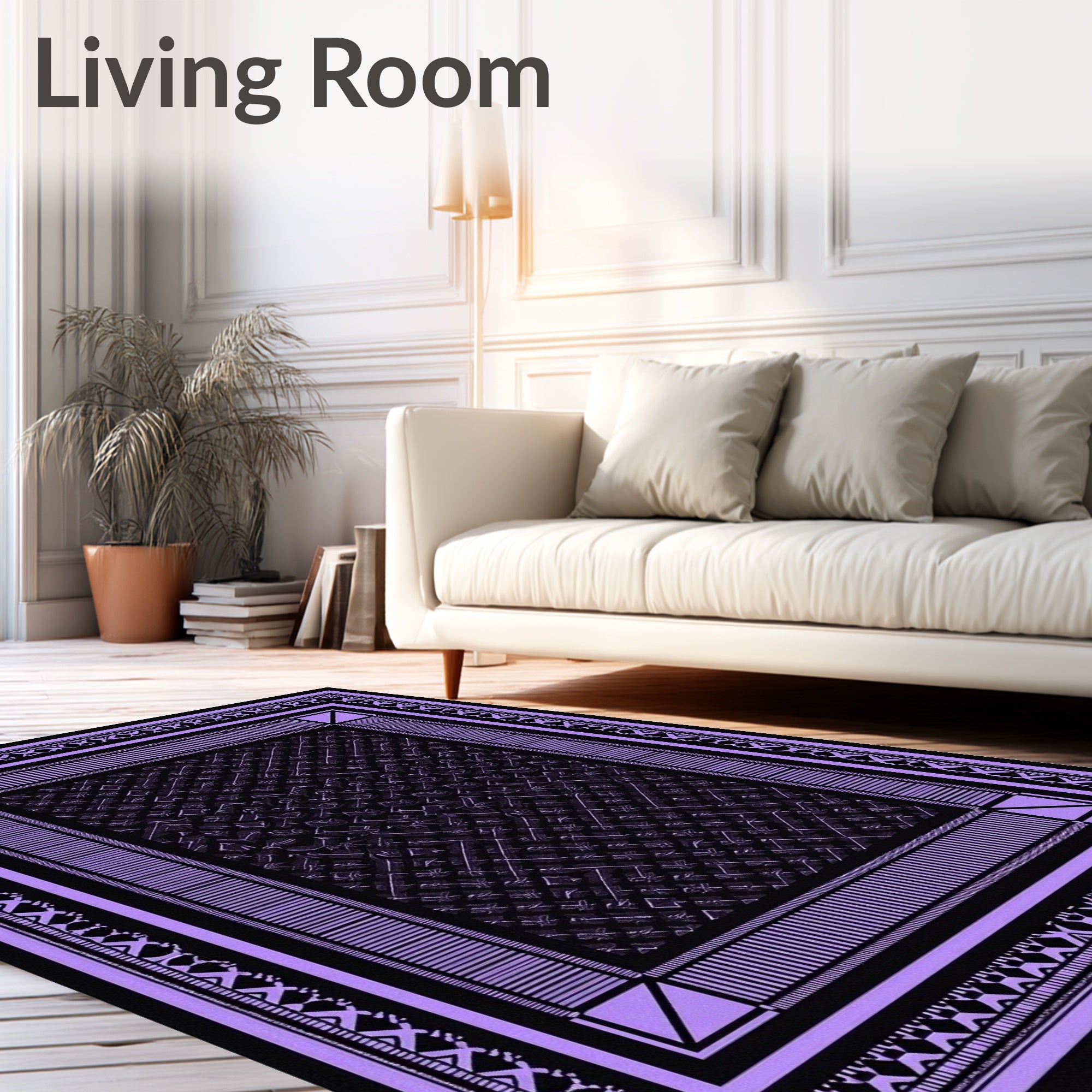Purple and Black Geometric Border Rug