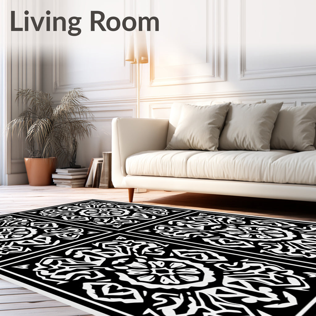 Black White Ornamental Medallion Panels Rug