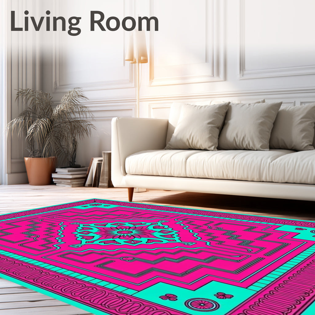 Hot Pink Turquoise Geometric Floral Medallion Rug