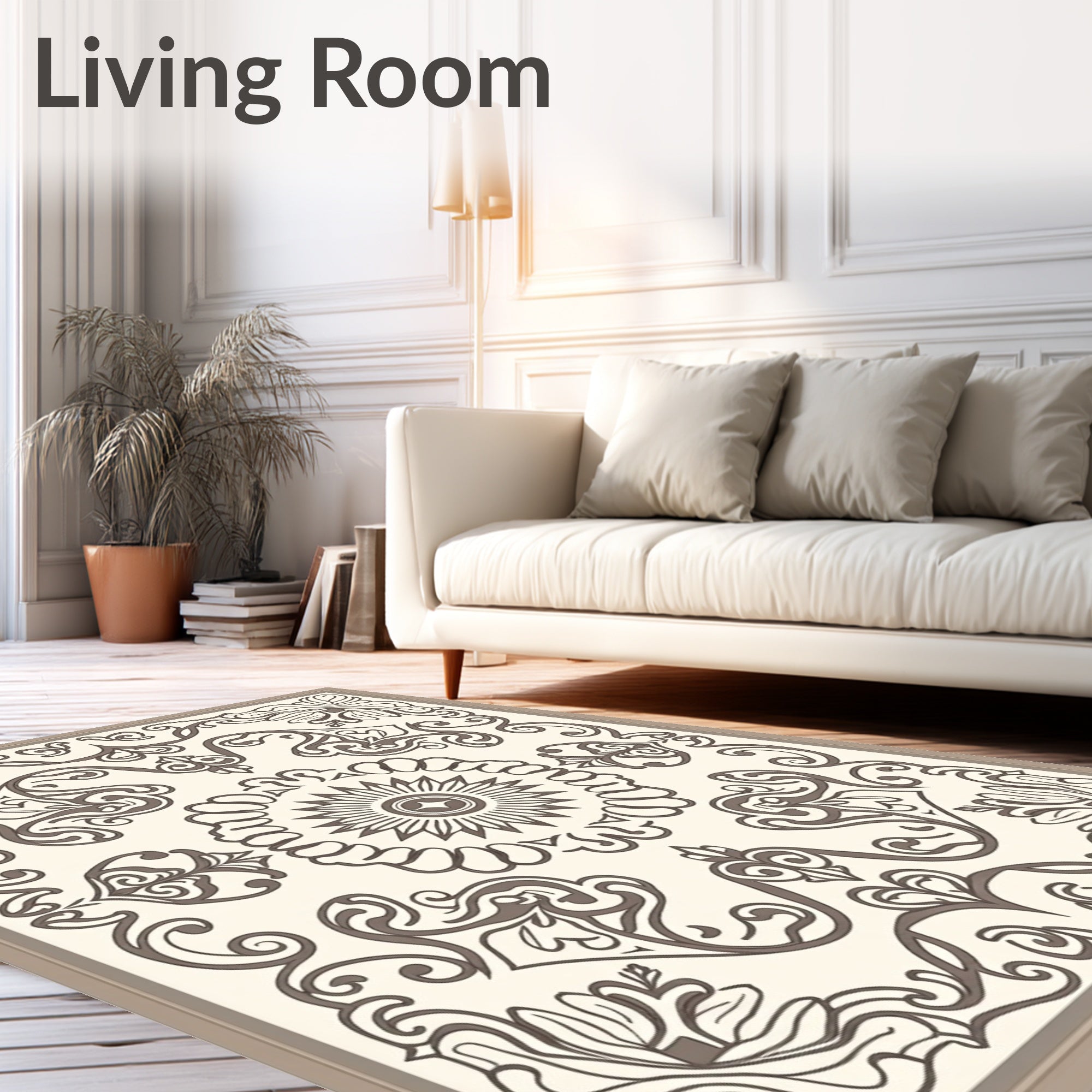 Ornate Cream and Brown Floral Medallion Rug