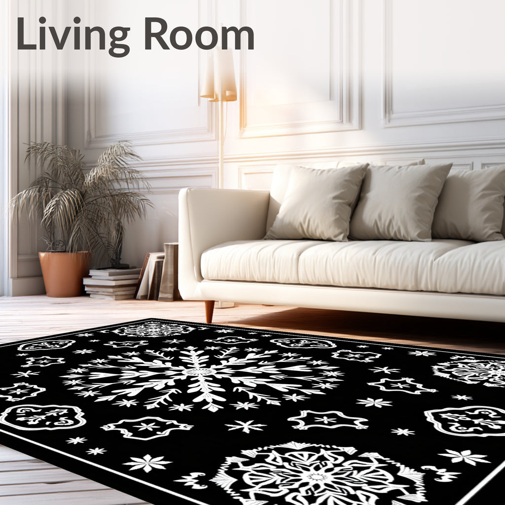 Black White Snowflake Starburst Medallion Rug