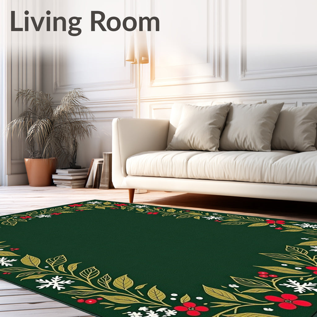 Holiday Green Floral Snowflake Border Rug