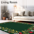 Holiday Green Floral Snowflake Border Rug