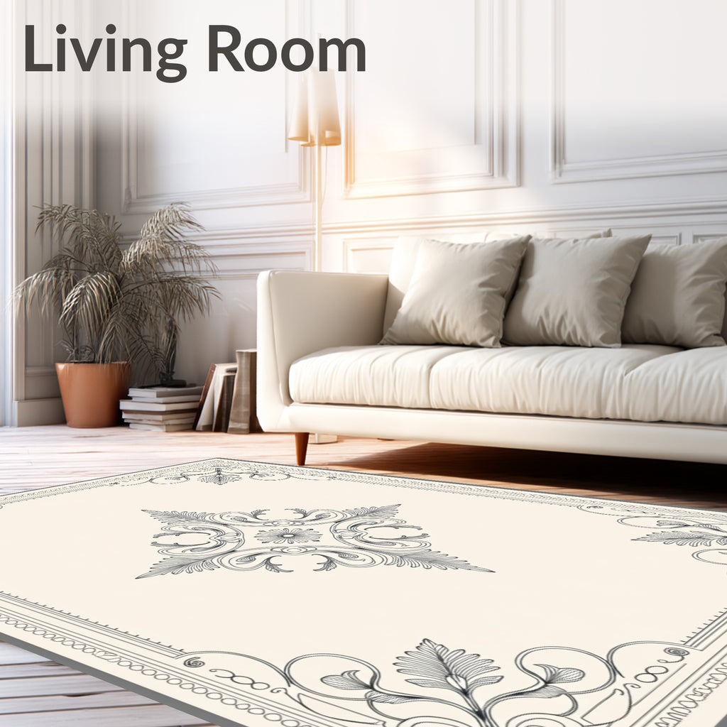 Ornate Black and White Floral Medallion Rug