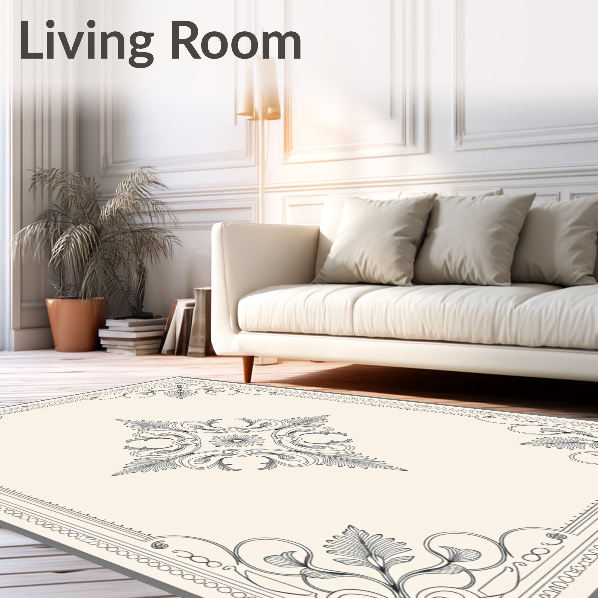 Ornate Black and White Floral Medallion Rug