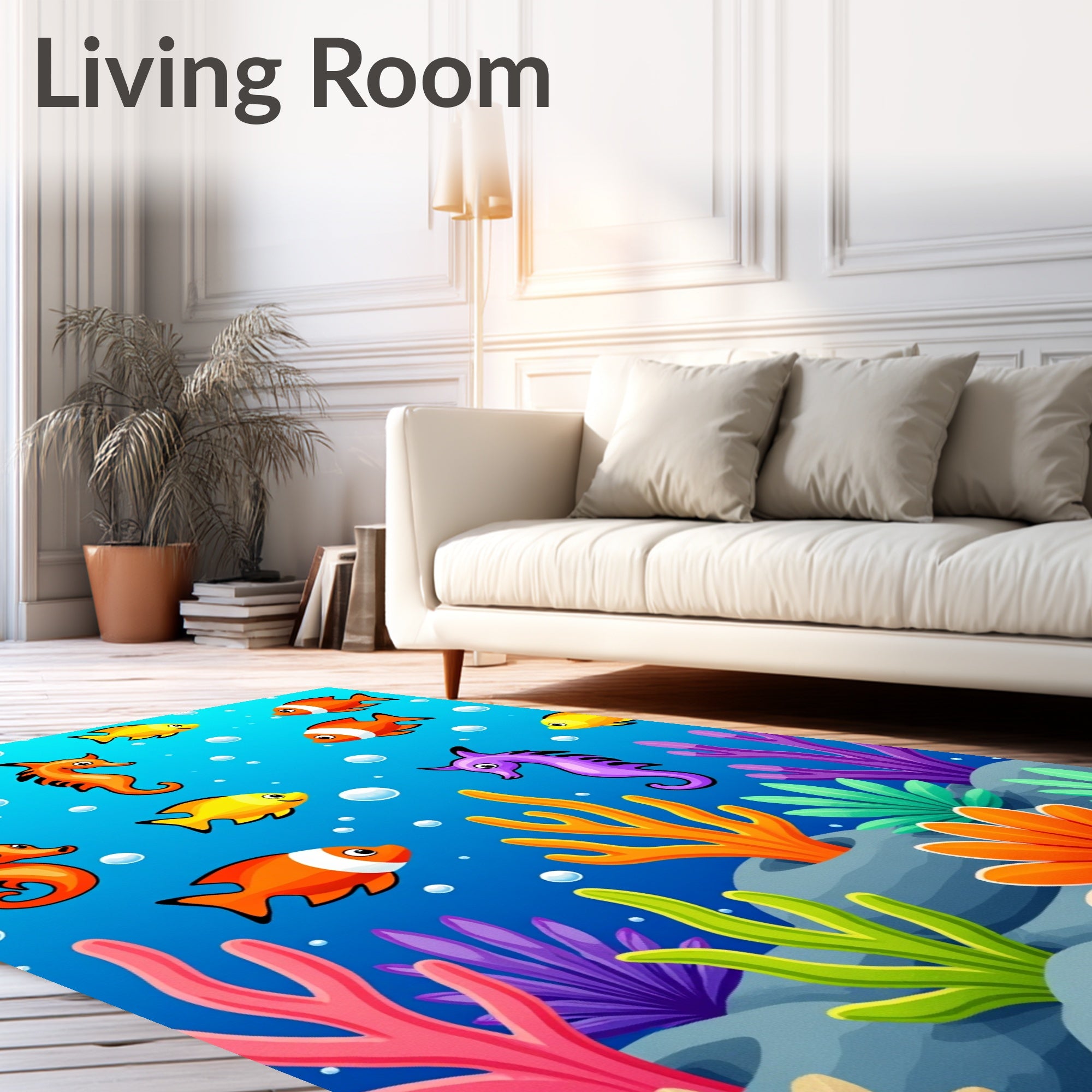Ocean Life Clownfish Seahorse Coral Rainbow Rug